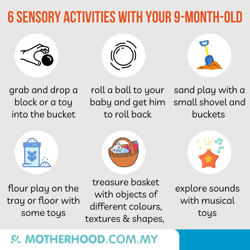 This infographic shares six sensory activities to try with your 9-month-old.