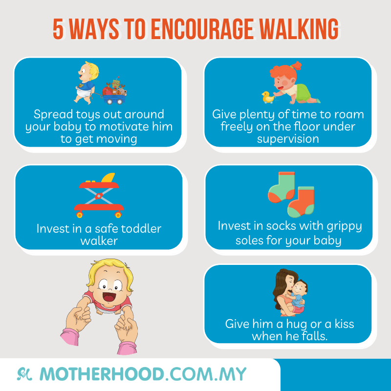 This infographic shares five ways to encourage your baby to walk.