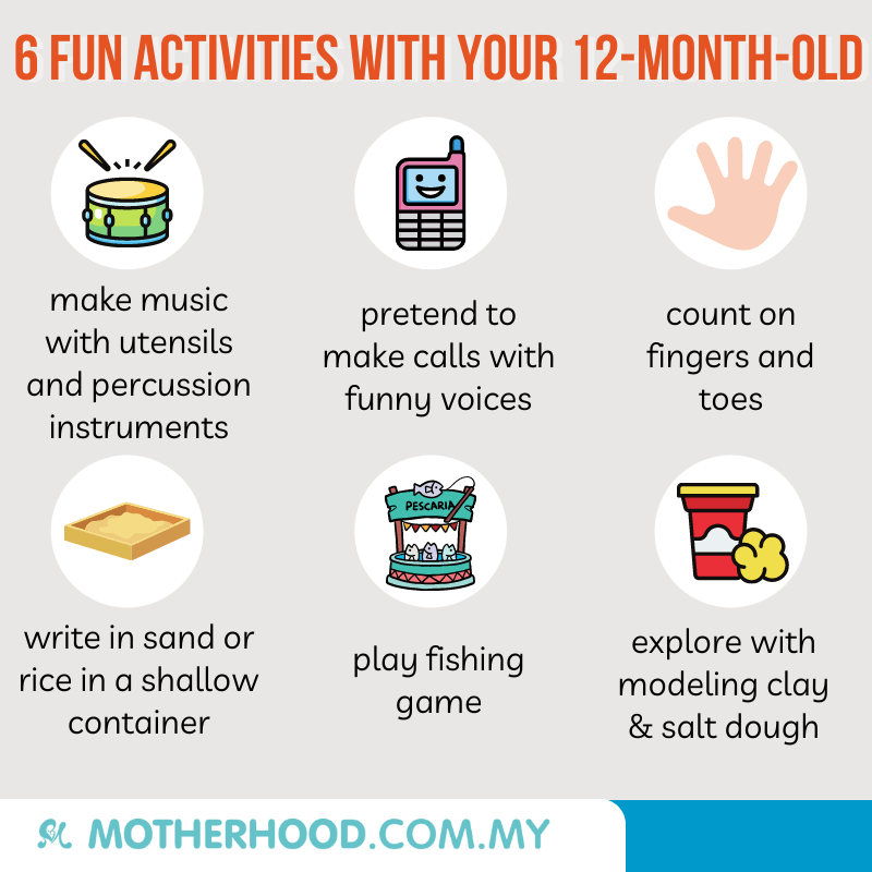 This infographic shares six fun activities to explore with your 12-month-old baby.