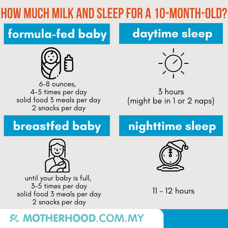 This infographic shares on the amount of milk and sleep needed for a ten-month-old baby.