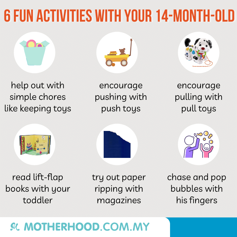This infographic shares activities that you can try out with your 14-month-old.