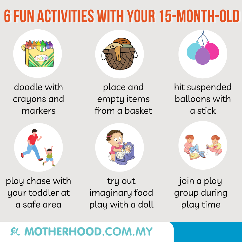 This infographic shares six fun activities to try out with your 15-month-old toddler.