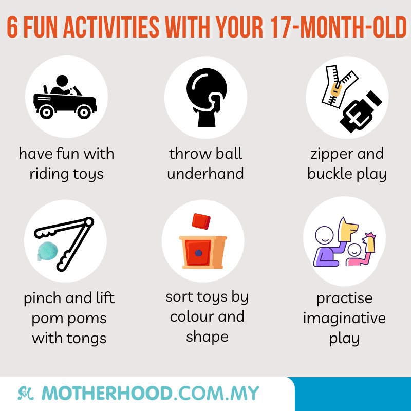 This infographic shares six fun activities to play with a 17-month-old toddler.