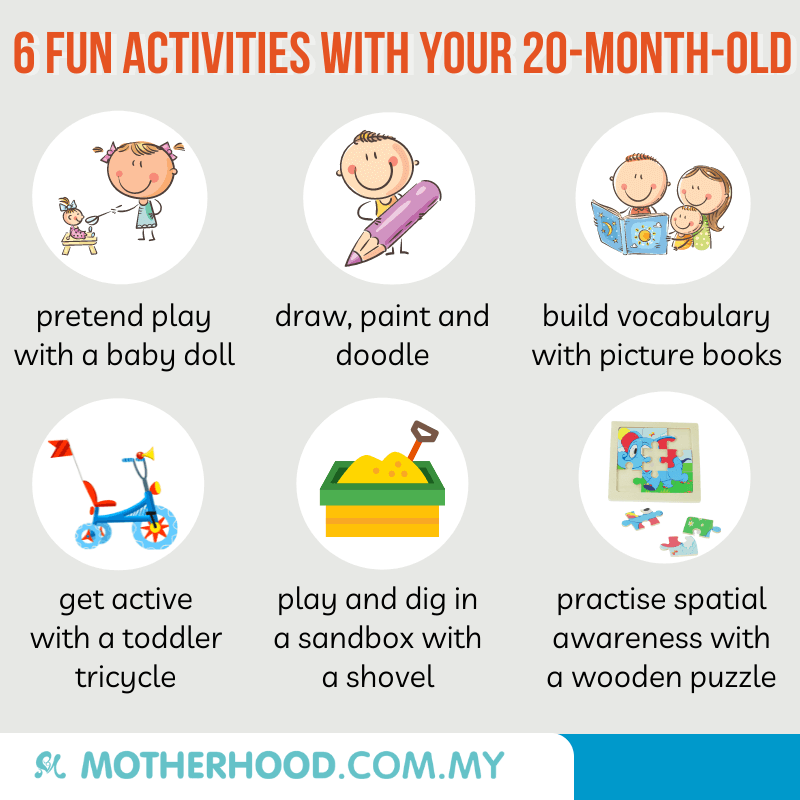 This infographic shares six activities that a 20-month-old can try out.