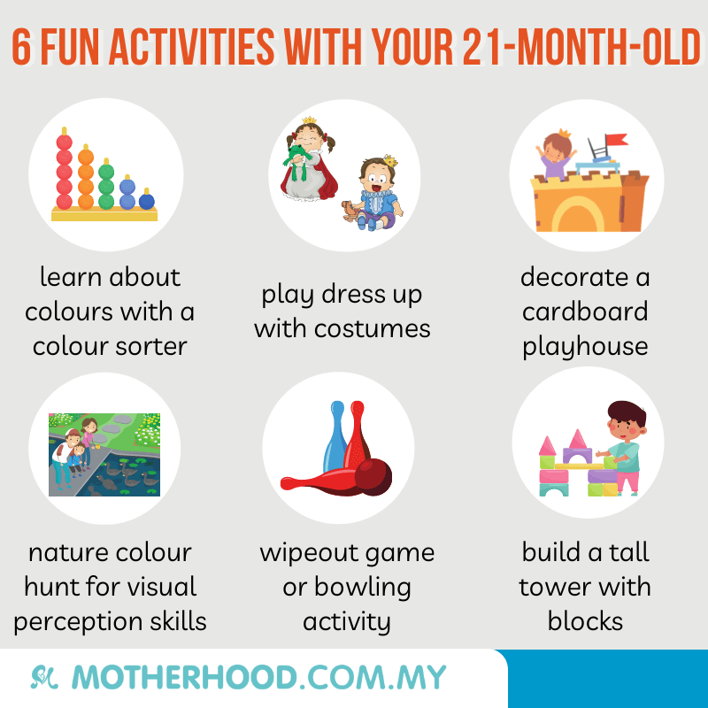 This infographic shares six fun activities you can try out with your 21-month-old toddler.