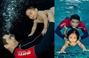 Dr. Sheikh Muszaphar swimming with his children