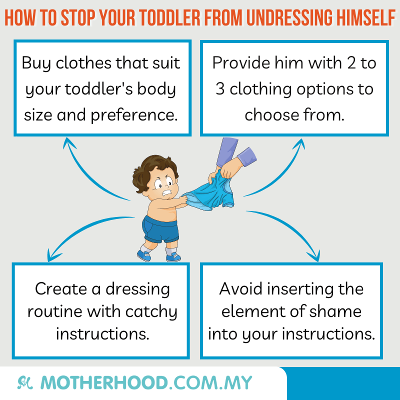 This infographic shares how you can stop your toddler from undressing himself.