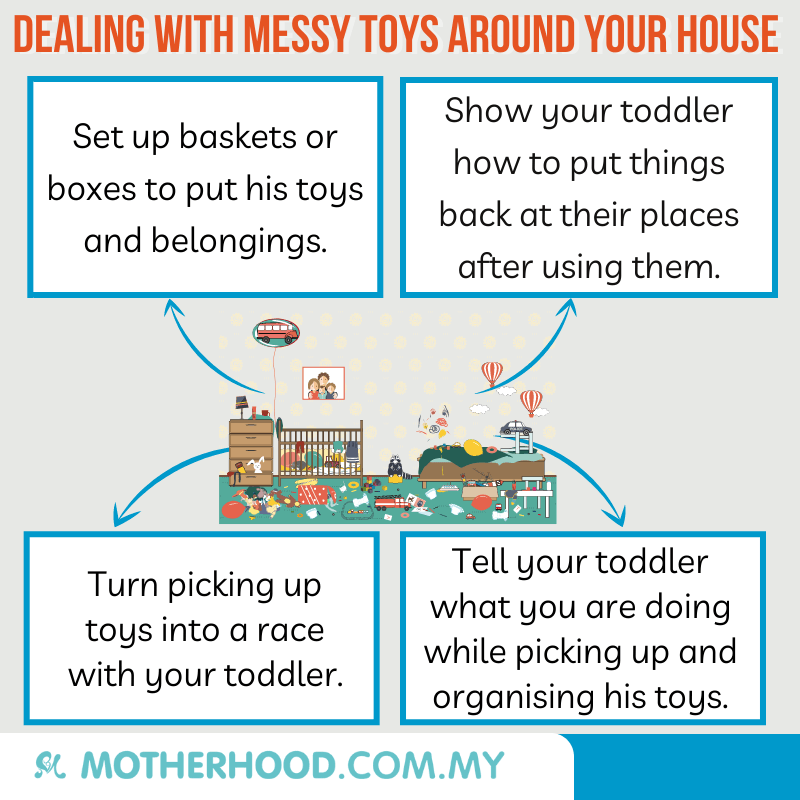 This infographic shares 4 ways to deal with your toddler having messy toys at home.