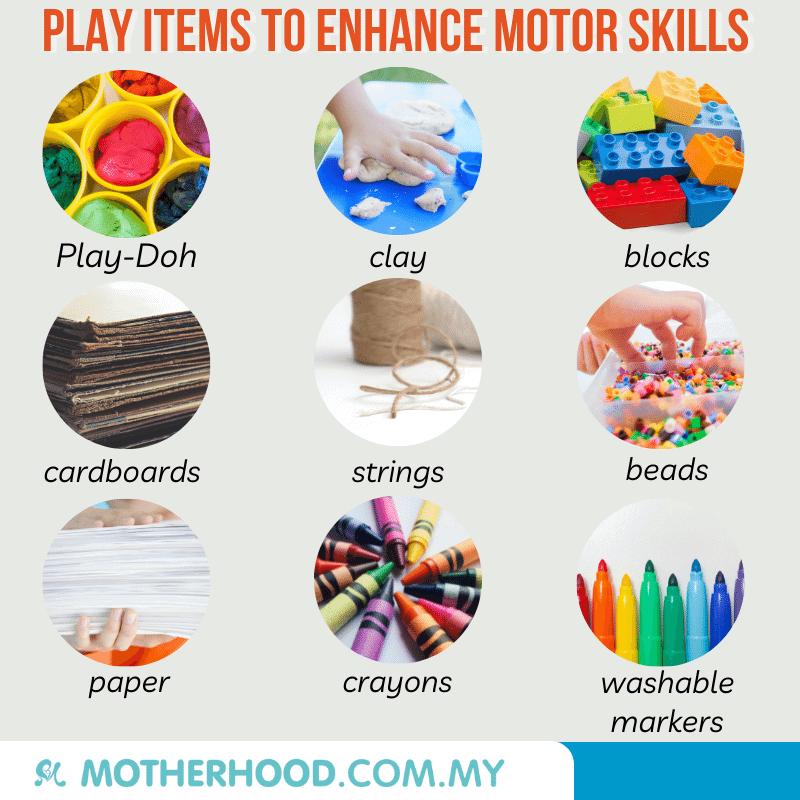 This infographic shares play items to enhance your toddler's motor skills.