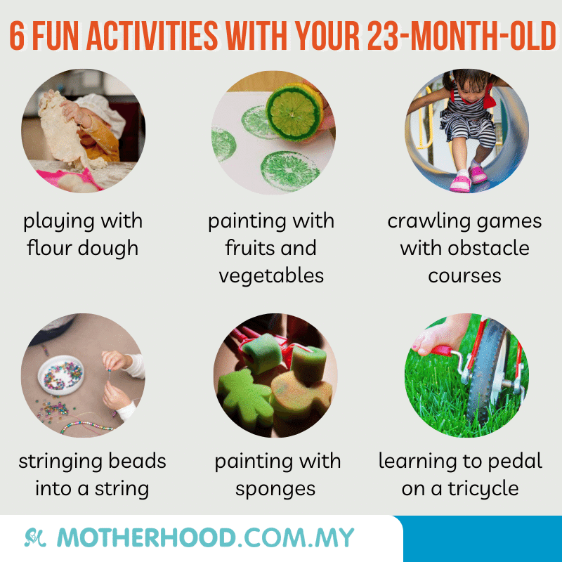 This infographic shares 6 fun activities to try out with your 23-month-old toddler.