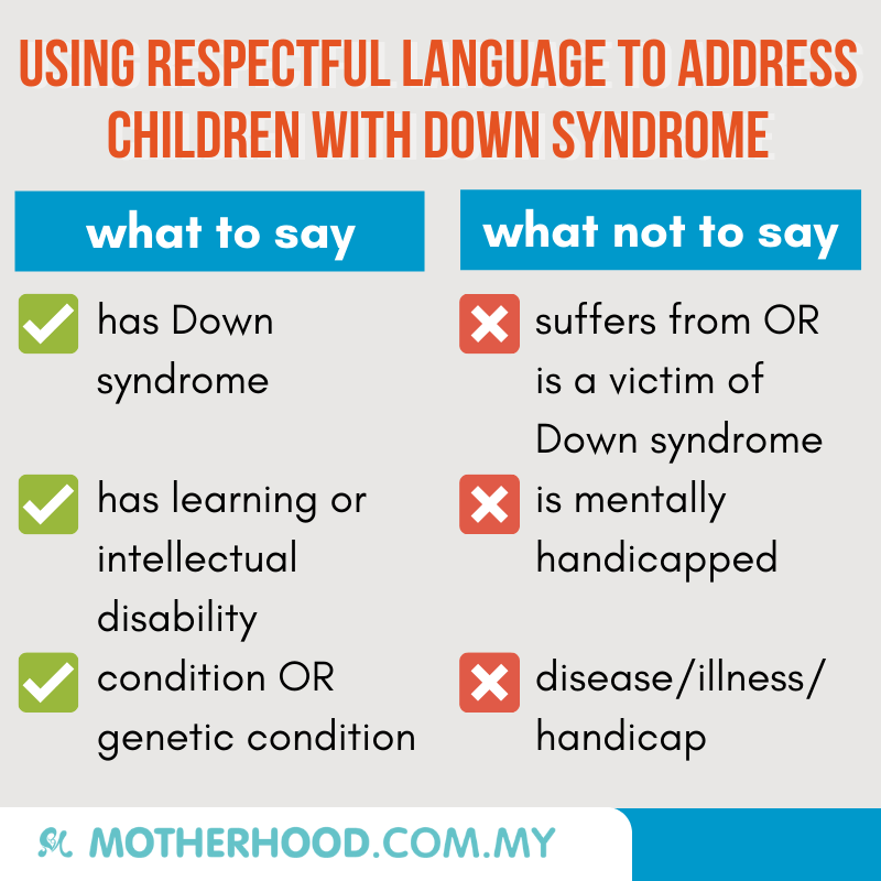 This infographic shares words that you should and should not use to address children with Down syndrome. 