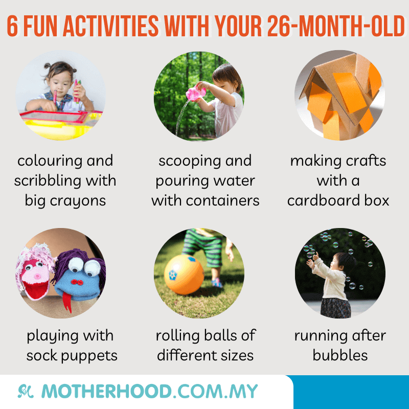 This infographic shares six fun activities to try out with 26-month-old.