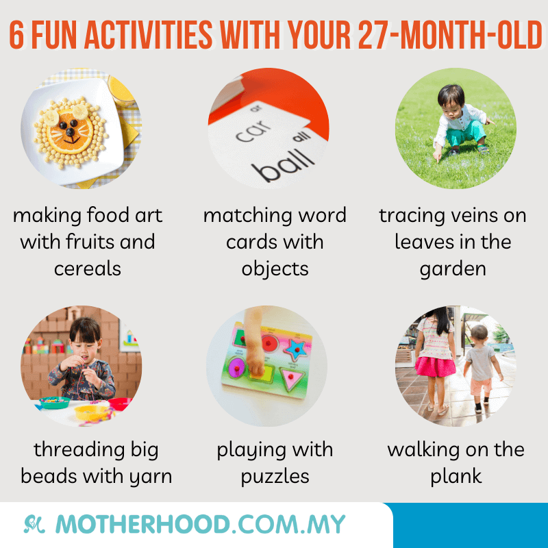 This infographic shares 6 fun activities to try out with your 27-month-old.