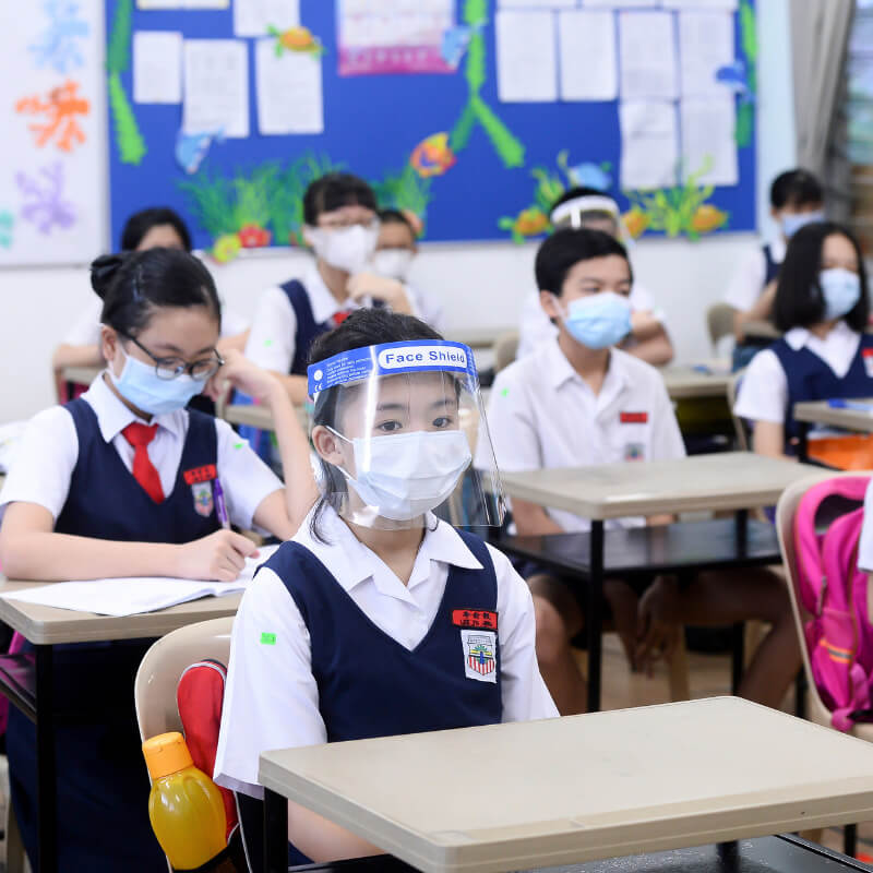Kids at school wearing face mask and face shield