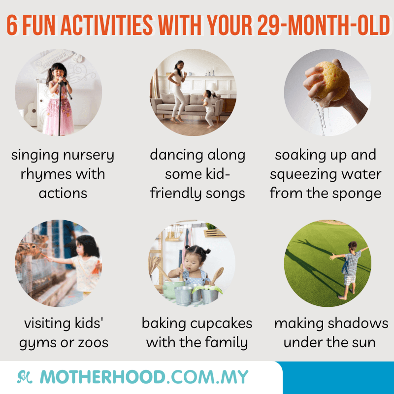 This infographic shares six activity ideas for 29-month-old.