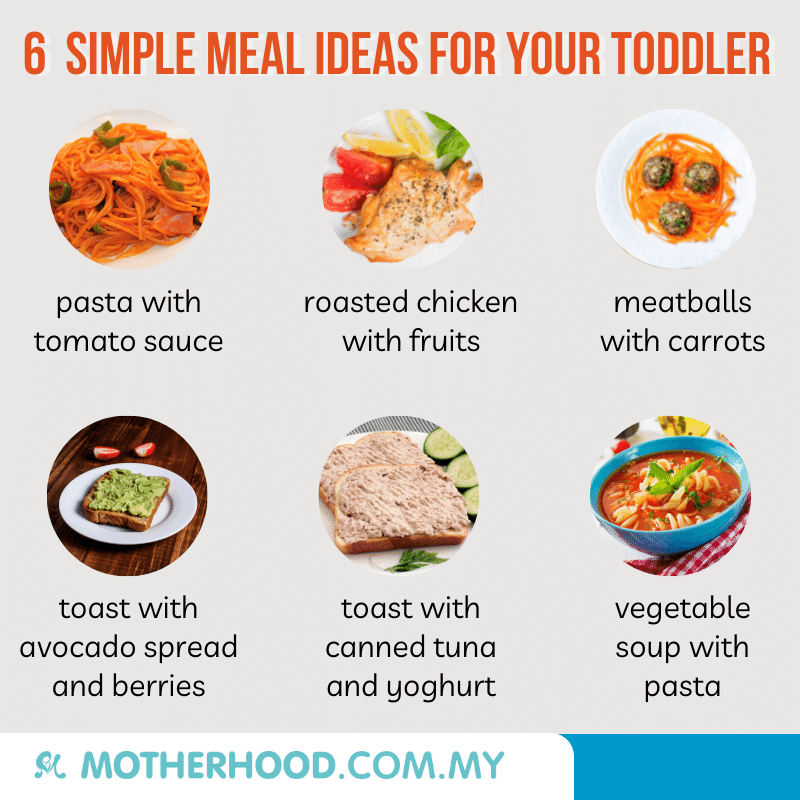 This infographic shares six ideas for 29-month-old's meal.