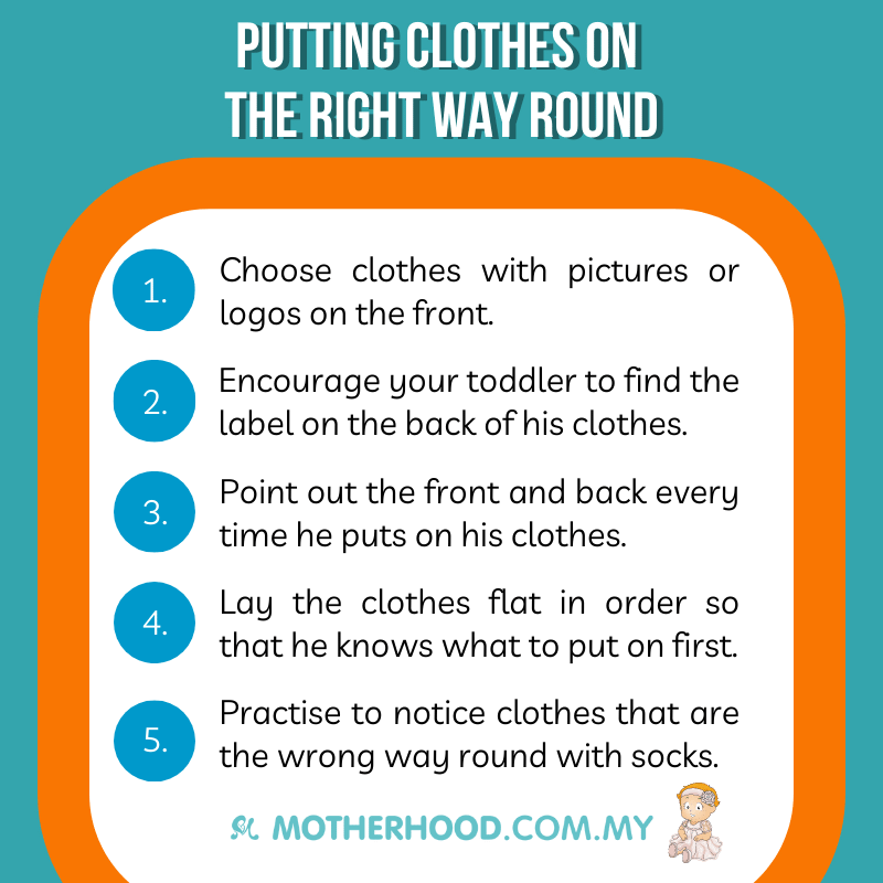 This infographic shares how you can help your toddler to put on his clothes the right way round.