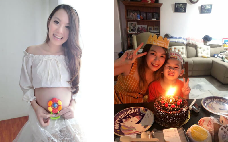 Rebecca when she was expecting and now, with son who just turned 6 a few days ago.