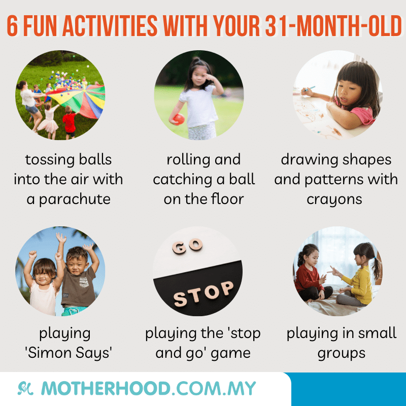This infographic shares six interesting activities to try out with your 31-month-old.