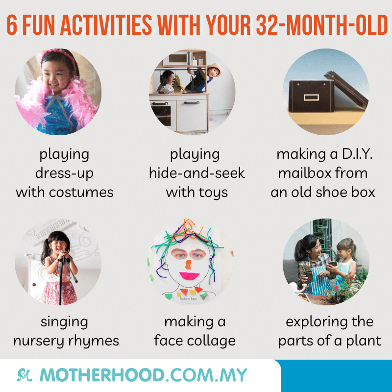 This infographic shares six exciting activities for 32-month-old.