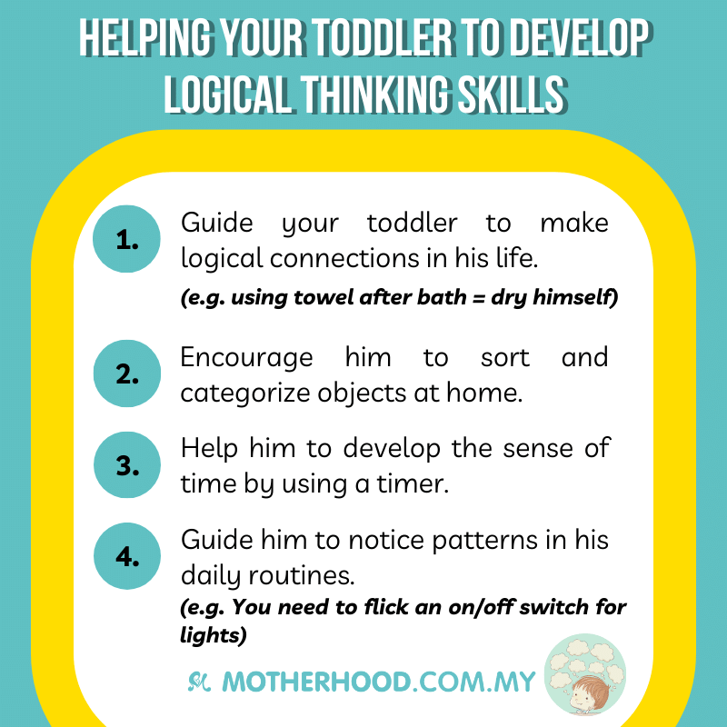 This infographic shares how you can help your toddler to develop his logical thinking skills.