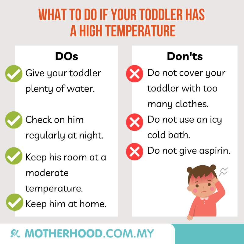 This infographic shares the dos and don'ts when your toddler is having a high temperature.