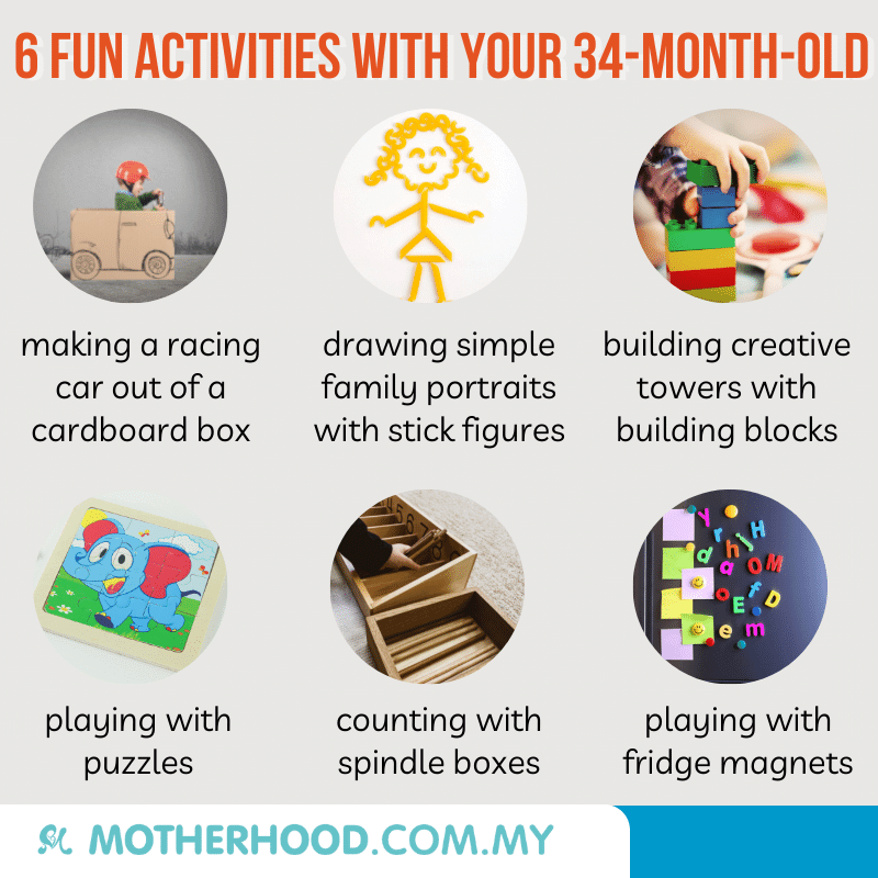 This infographic shares six exciting activities for your 34-month-old.