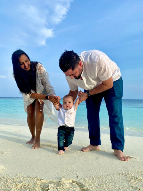 Shanggari and husband and baby Emilio in Lily Beach, Maldives 