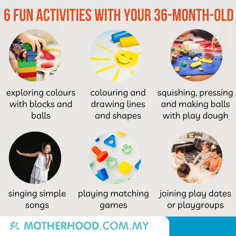 This infographic shares 6 exciting activities for a 36-month-old.