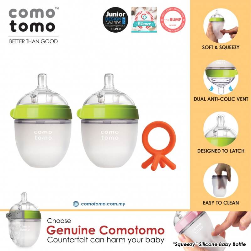 comotomo-natural-feel-baby-bottle-150ml-twin-pack-green-silicone-teether-orange