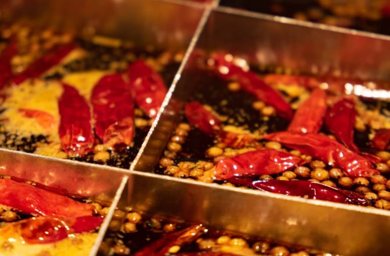 close up of hot pot with mala broth