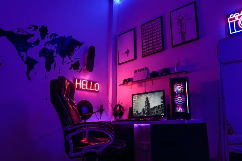 gaming room with dark purple light