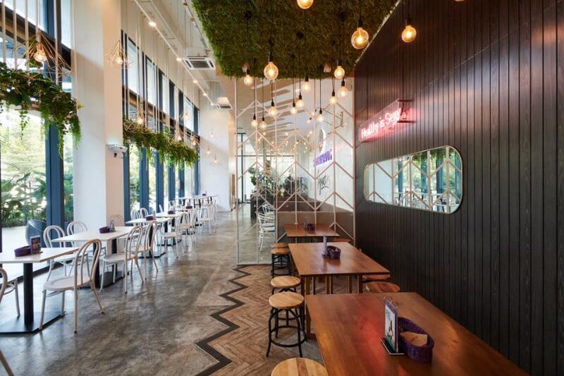 spacious family restaurant with wooden tables