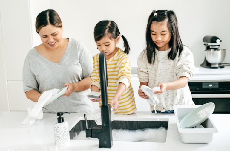 A family doing chores