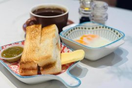 butter kaya toast soft boiled eggs coffee