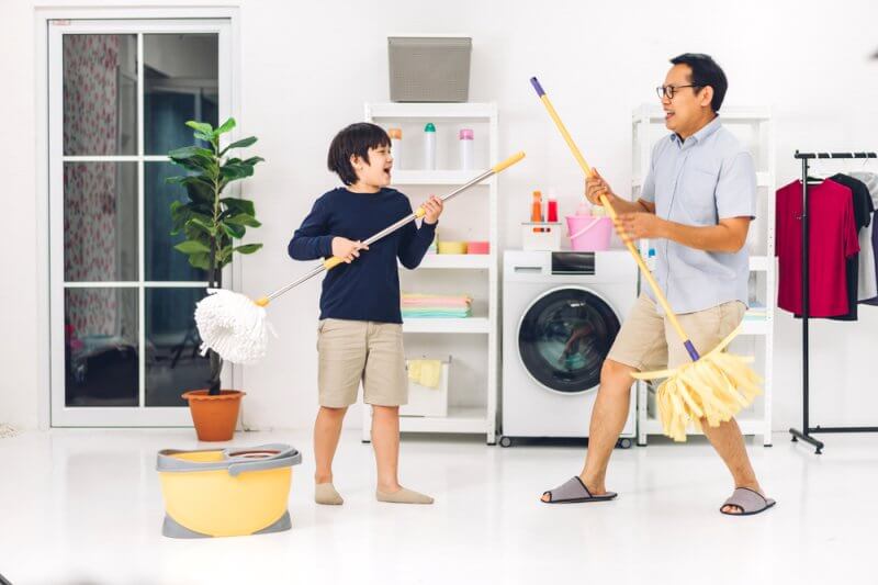 father and son household chores