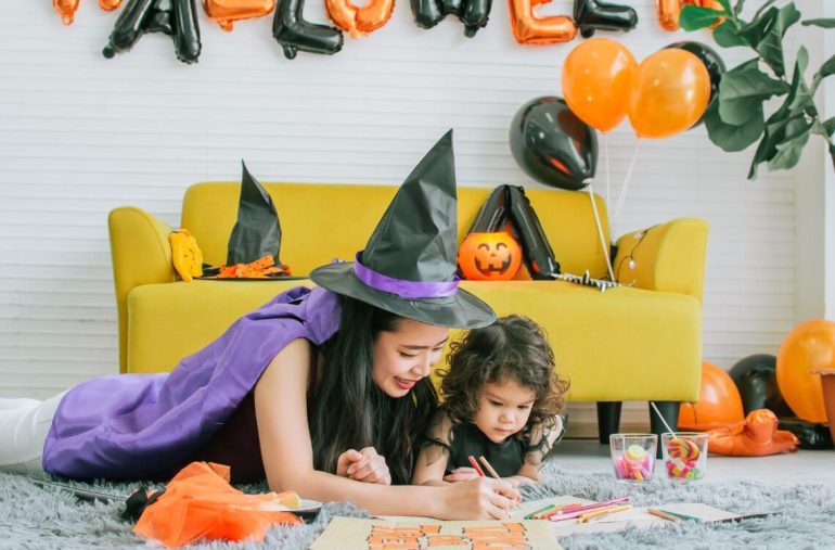 mum-and-daughter-making-halloween-diy-crafts