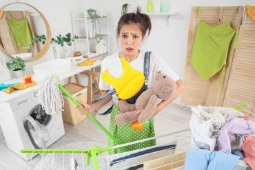 overwhelmed mother with house chores