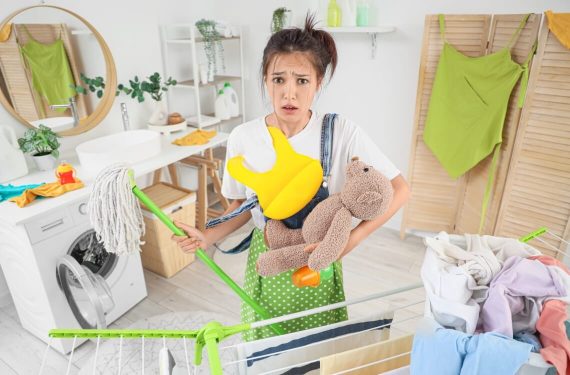 overwhelmed mother with house chores