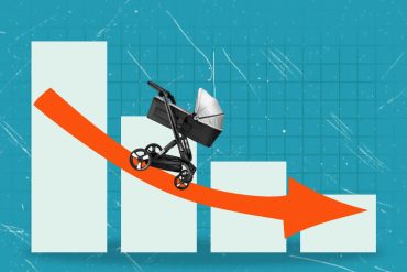 stroller is depicted on a downward trending graph showing declining birth rates against a blue colored grid