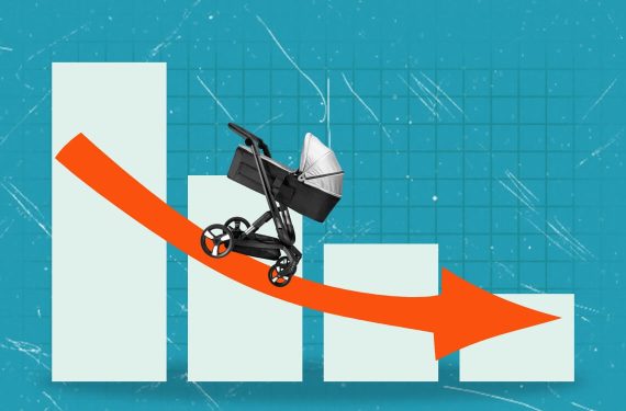 stroller is depicted on a downward trending graph showing declining birth rates against a blue colored grid