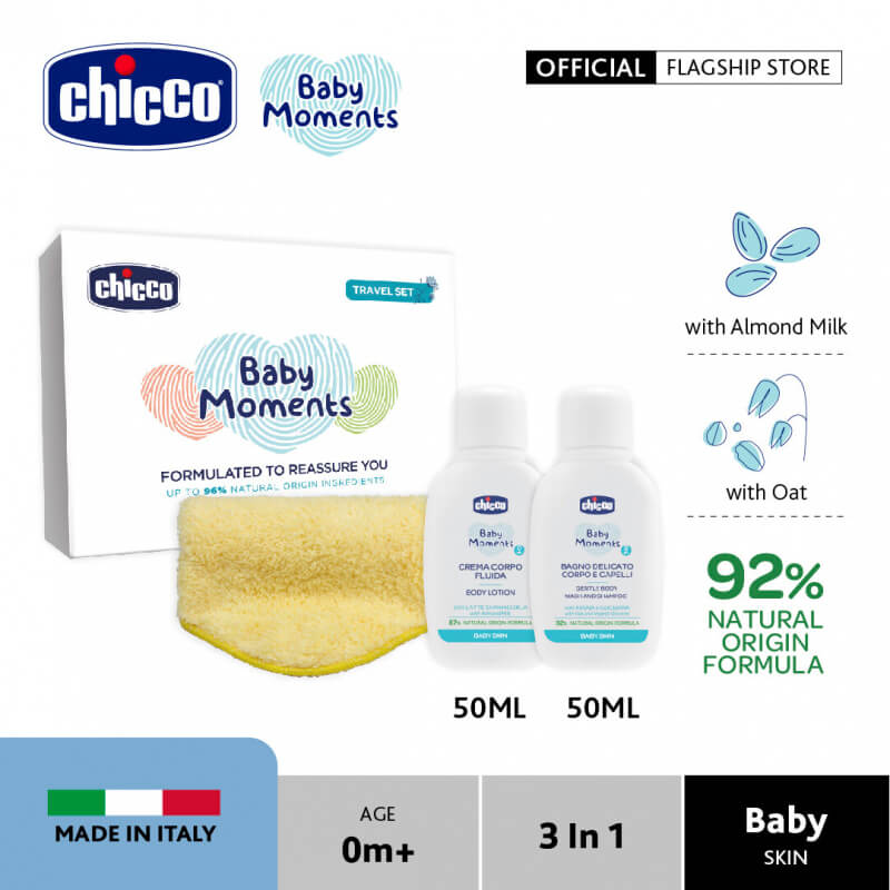chiccobabymomentstravelsetchiccobabymomentsgentlebodywashshampoo50mlbodylotion50mlhandkerchief