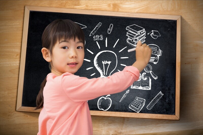 young girl wtih blackboard showcasing EQ and IQ
