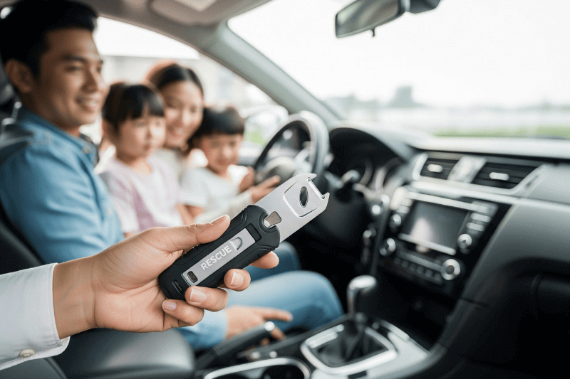 family in the car with safety tool for flood season