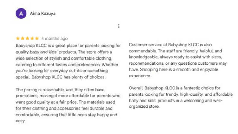 babyshop KLCC customer testimonial review