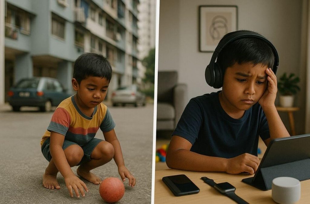 a child in different nostalgic setting in 1990's and current