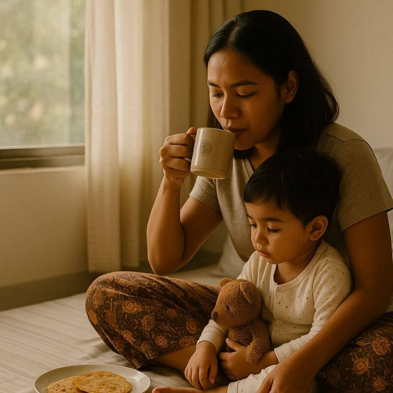 mother and son having a slow morning enjoying coffee and relaxing 