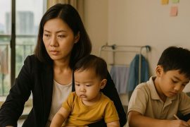 mother of two children managing work from home and with two children in her care