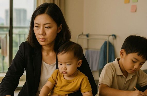 mother of two children managing work from home and with two children in her care