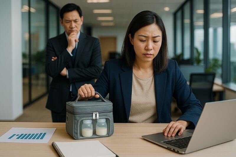 woman in the office holding breast pump milk bag and being overlooked by supervisor